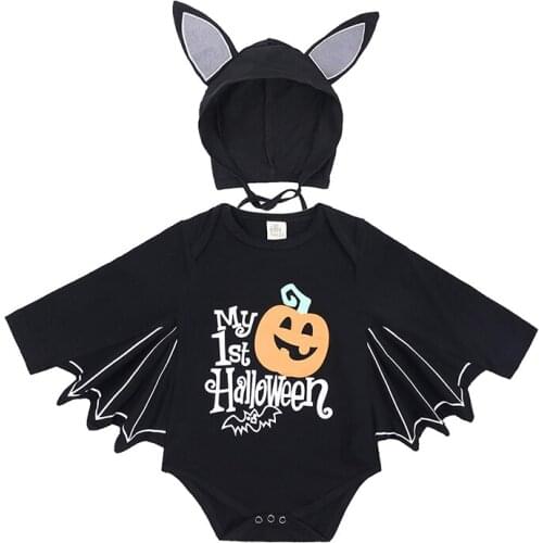 Halloween Novelty Cosplay Bat Costume Newborn Pumpkin Baby Romper Set Jumpsuit+Hat Infant Bodysuit For Babies Unisex Gift 3-24M