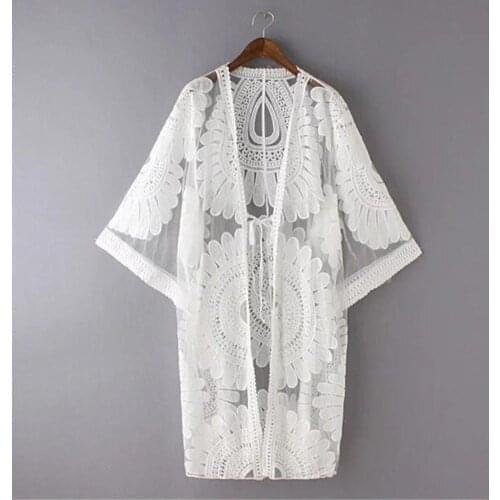 New Summer Swimsuit Lace Hollow Crochet Beach Bikini Cover Up 3/4 Sleeve Women Tops Swimwear Beach Dress White Beach Tunic Shirt