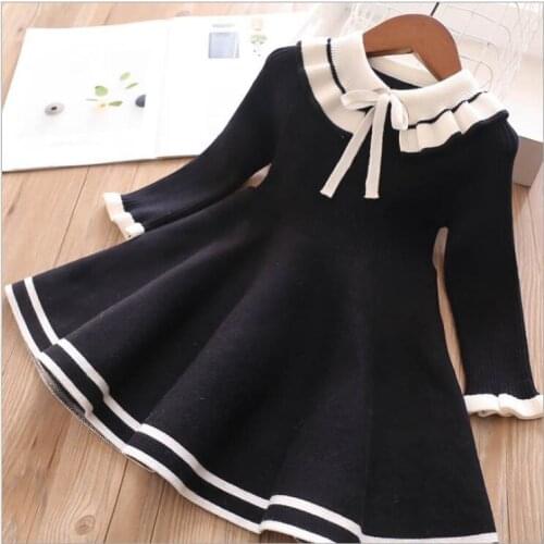 Baby Sweater Dress 2019 Autumn Winter Girls Knitting Wool Dresses Black Pink Bow Girls Princess Dresses Cute Kids Costume