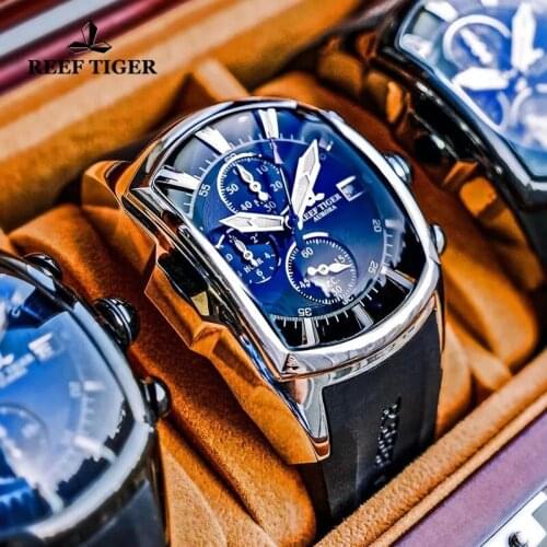 Reef Tiger/RT Men Big Sport Watches Rubber Strap Steel Blue Dial Mens Watch Date Chronograph Waterproof Quartz Watches