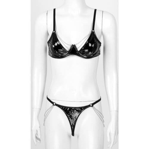 Sexy Lingerie Set Erotic Women Underwear Metal Chain Decor Two-Piece Outfit Patent Strap Underwire Bra G-string Sensual Lingerie