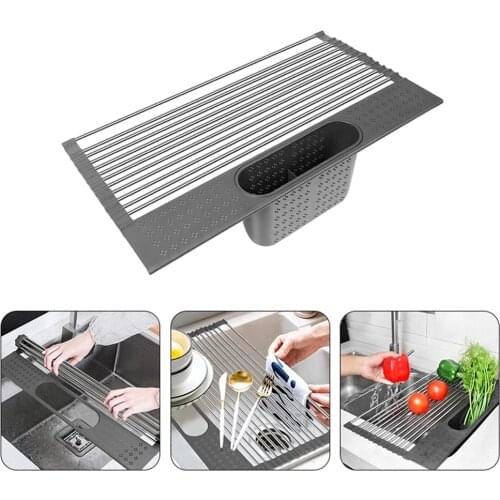 Roll-up Dish Drying Rack Multi-Use Kitchen Drying Rack Over Sink Foldable Fruit Vegetable Meat Organizer Tray Drainer Dropship