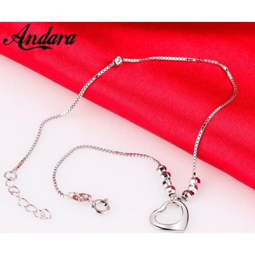 Solid Silver 100% 925 Sterling Silver Anklet Woman Heart Pendant Silver Chain Woman Jewelry