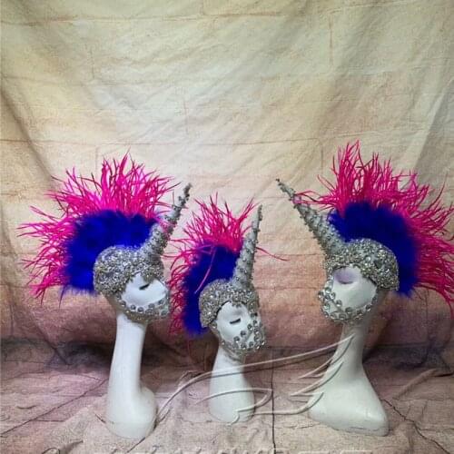 Unisex Nightclub Model Female Singer Catwalk Unicorn Feather Rhinestone Headdress Stage Prop Halloween Cosplay Outfits DWY2897