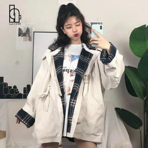 Luck A 2021 Autumn Women Plaid Hooded Casual Jackets Female Japanese Harajuku Preppy Style Outerwears Lady Fashion Clothes
