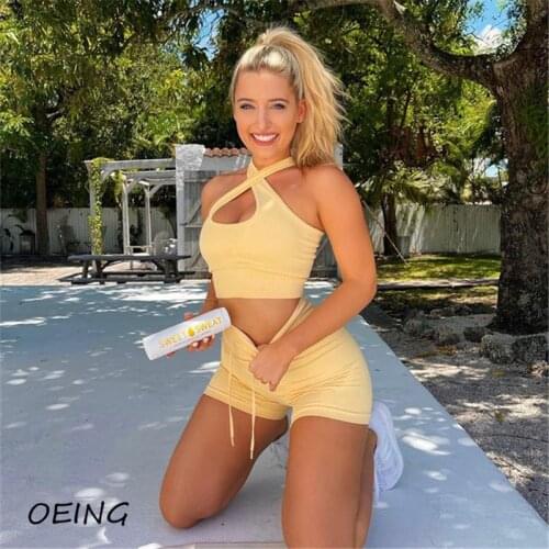 2021 Women Yoga Fitness Two Piece Sets Knitting Biker Shorts and Tank Tops Leggings Tights Sets