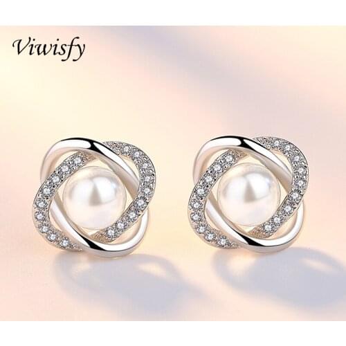 Viwisfy Flower Real 925 Sterling Silver Earrings For Women Luxury Pearl Studs Woman Crystal Stud Earrings VW21001