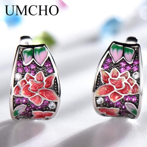 UMCHO Handmade Enamel Red Ruby Clip Earrings for Women Silver 925 Jewelry Party Wedding Gift 925 Sterling Silver Fine Jewelry