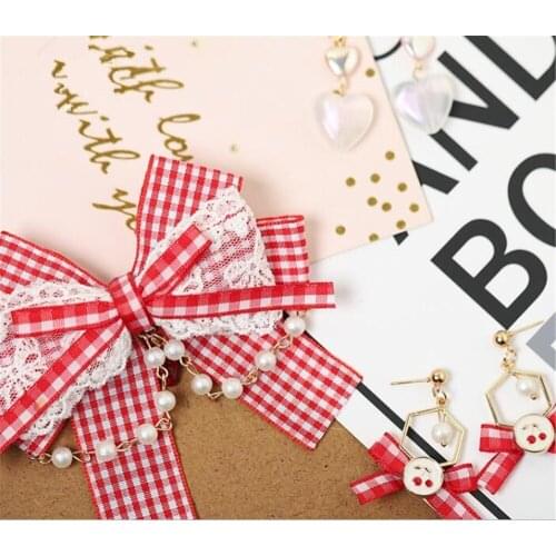 Mori Girl Sweet Lolita Red Plaid Bow Hairpin Earring Womens Princess Hair Accessories Side Clip B1548