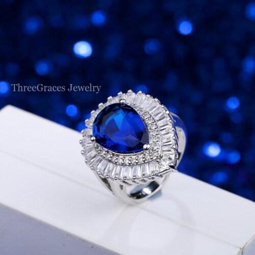 ThreeGraces Luxury Design Big Water Drop Cubic Zirconia Elegant Wedding Rings For Women Silver Color CZ Bridal Jewelry RG039
