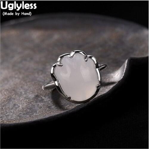 Uglyless 100% Real Solid 925 Sterling Silver Handmade New Popular Paw Rings for Women Nature Jade Open Finger Rings Fine Jewelry