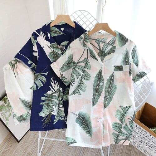 100% Cotton Womens Pajamas Set Eco-friendly Double Cotton Yarn Short Sleepwear Palm Leaf Print Breathable Home Suit for Summer