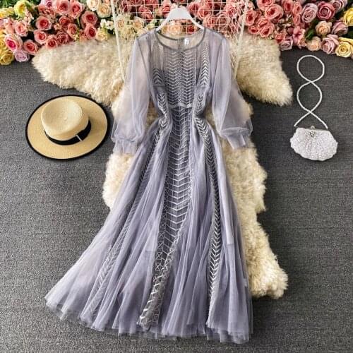 2021 New Summer Dress Woman Solid Chic French Gauze Robe De Soiree Temperament Long Sleeves Slim Female Lace Vestidos Elegant