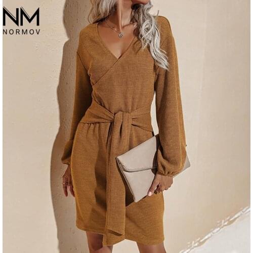 NORMOV Women Kniting Dress Autumn Fashion Long Sleeve V Neck Dresses Long Sleeve Party Tether Casual Sexy Tight Slim Dress 2021