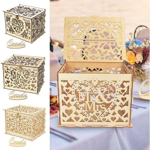 1Pcs Creative Hollow Wood Wedding Gift Business Card Box with Lock DIY Wooden Money Envelope Boxes Wedding Decoration Supplies