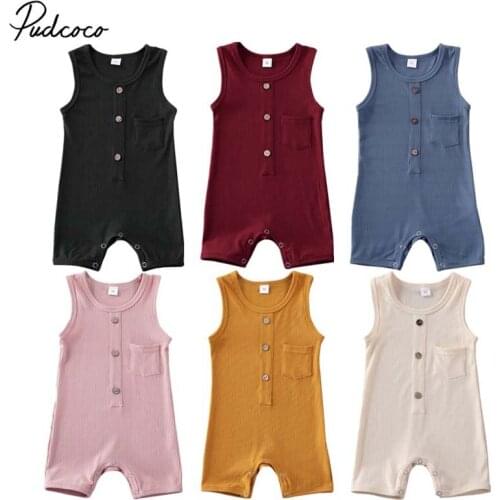 2020 0-24M Summmer Newborn Baby Boy Girl Romper Sleeveless Solid Button Jumpsuit Playsuit Outfit Summer Infant Baby Clothes