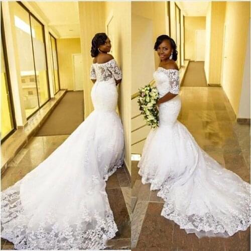 Arabic African Mermaid Wedding Dresses Plus Size Court Train See Through Back Off Shoulder Half Sleeve Lace Bridal Gowns 201