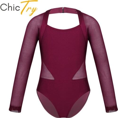 ChicTry Kids Teens Long Sleeve Ballet Leotard Dance Costume Children Girls Mesh Splice Gymnastics Leotard Gym Unitard Dance Wear