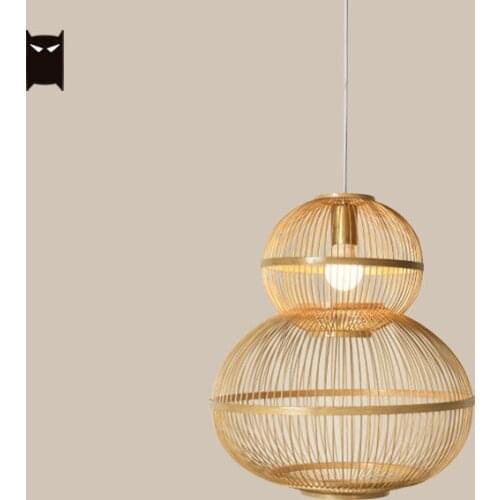 Bamboo Wicker Rattan Gourd Pendant Light Fixture Country Vintage Japanese Style Hanging Ceiling Lamp Farmhouse Foyer Living Room