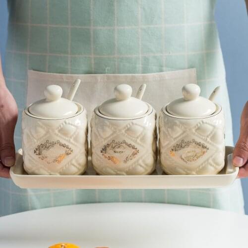 Spice jar Kitchen supplies salt sugar jar Storage spice box High-end ceramics Combination set home