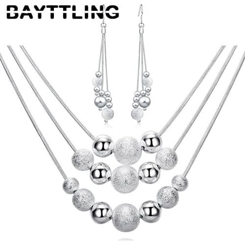 BAYTTLING 925 Sterling Silver 18-inch Frosted Beads Pendant Earrings Necklace For Woman Fashion Jewelry Set Wedding Gift