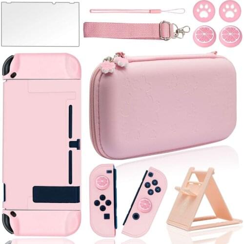 10 in 1 Pink Travel Carrying Case Accessories Kit for Nintendo Switch with Hard Protective Cover, Glass Screen Protector