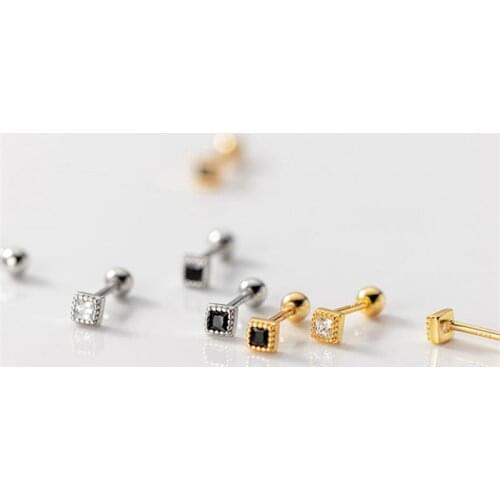 Geometry Square Single Zircon Ear Hole Earrings Screw Bead Earrings For Women Unisex Charm 925 Sterling Silver Jewelry