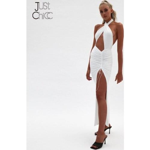 Justchicc Sleeveless High Slit Sexy Midi Dress Backless Solid Party Club Skinny Summer Dress 2021 Halter Elegant Long Vestdios