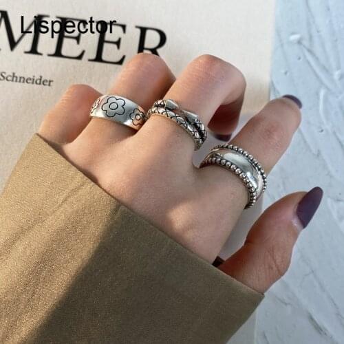 Lispector 925 Sterling Silver Retro Cute Flower Pattern Rings for Women Korean Vintage Party Ring Set Female Jewelry Gifts