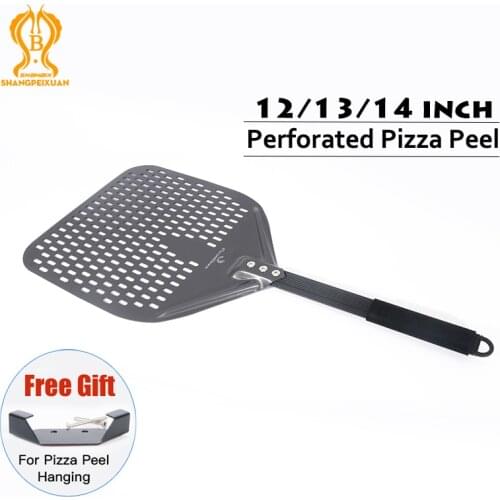 SHANGPEIXUAN 14 /13/12 Inch Perforated Pizza Peel Rectangular Pizza Shovel Aluminum Hard Coating Pizza Peel Paddle Short Tool