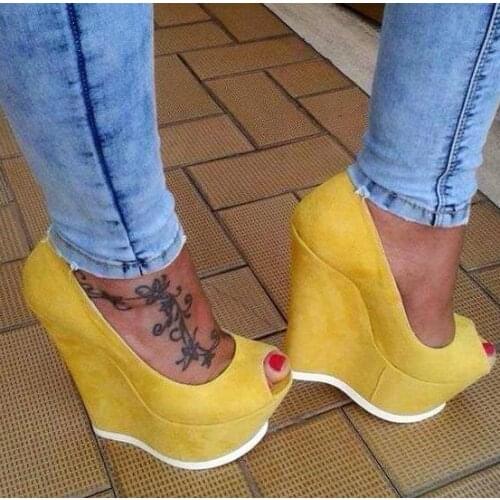 Moraima Snc Peep Toe High Heel Shoe Sexy Woman Platform Pumps Super High Yellow Suede Party Dress Heels Blue Red Black