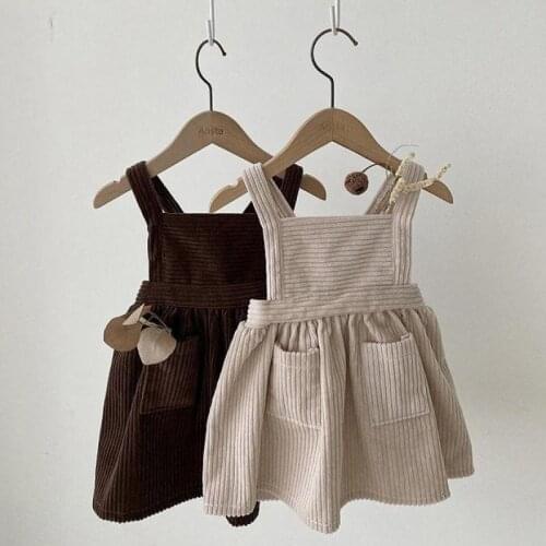 2021 Autumn New Baby Girl Retro Corduroy Dress Fashion Kids Sleeveless Strap Dress Square Collar Princess Dress Children Dresses