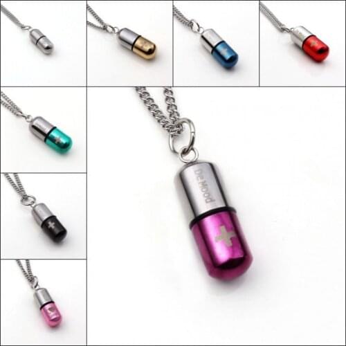 Kraft-beads Stainless Steel Cylinder Carving Cross Healing Pill Bottle Pendant Necklace Fashion Jewelry