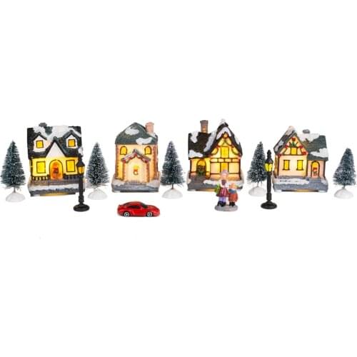 Lighting Up DIY Christmas Doll Figurine Artificial Tree Tiny Resin House Village (House Village Building Set of 4)