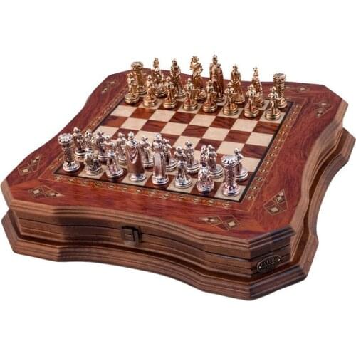 Luxury Rosewood Chess Set 40x40x7 Cm Big Size Vintage Rustic Professional Design Mosaic Motifs Handmade Arts