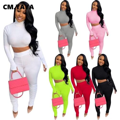 CM.YAYA Ribbed Sweatsuit Knitted Womens Set Turtleneck Crop Top Stacked Pants Set Active Tracksuit Two Piece Fitness Outfit