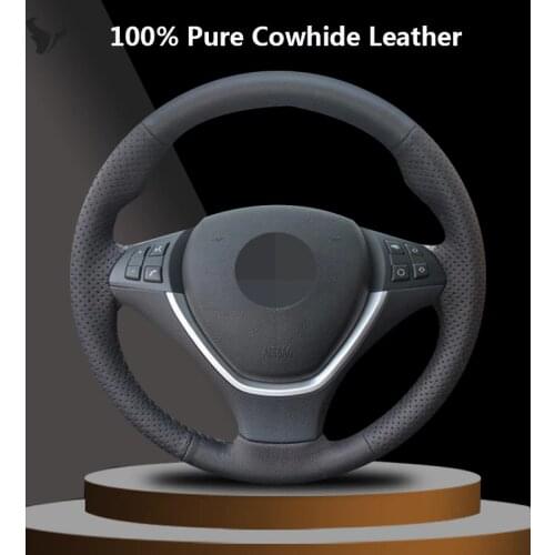 Hand-stitched Black Genuine Leather Steering Wheel Cover for BMW X6 E71 2008-2014 E70 X5 2008-2013