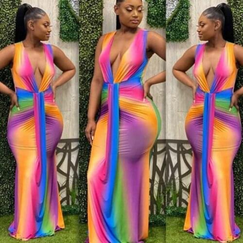 Fashion Street Style Sexy V-Neck Sleeveless Printed Ladies Dress European and American Style