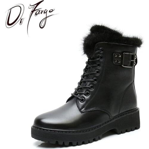 DRFARGO Women Snow Boots size 43 Winter Warm side zip Platform Martin Boots Leather Buckle Top faux fur Round Toe Black Shoes