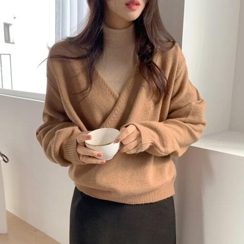 Women Winter Cross V Neck Loose Short Sweater Coat Full Sleeve Soft Knitted Pullovers Casual Jumpers Jacket