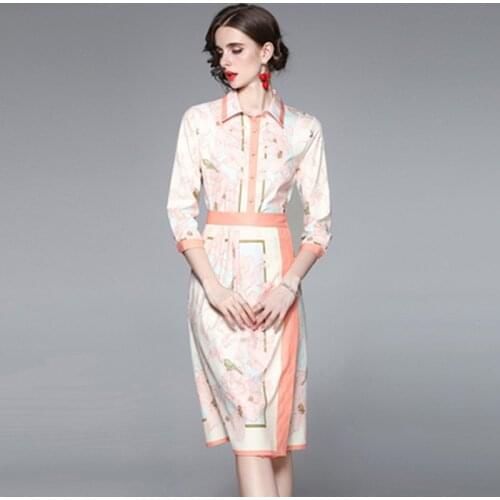 New 2021 Autumn Two-Piece Suit High-End Flower Printed 3/4 Sleeve Lapel Shirt + Fashion High-Waist Midi Skirts OL Work Wear