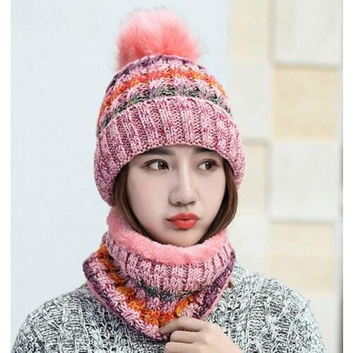 Winter Women Knitted Hat Scarf Set Girls Woman Warm Beanies Plush Hat And Ring Scarf Mix Color Female Lady Pom Pom Cap Scarves