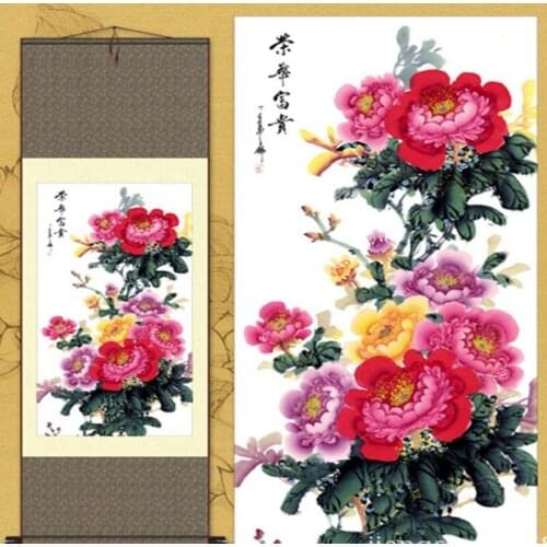 1pc Quality Traditional Home Decoration Chinese Silk Scroll Painting Peony S003