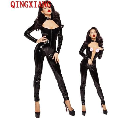 2021 Plus Size Women Faux Leather Open Bust Bodysuit Front Zipper Cross Crotch Long Sleeves Haulage Motor Night Club Costume