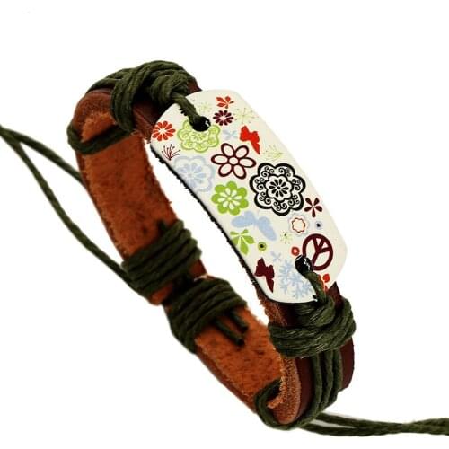 3PCs Peace Symbol Charms Bracelets&Bangles Bend Butterfly Flower Printed Hand Woven Braided Women Leather Bracelet Cheap Product