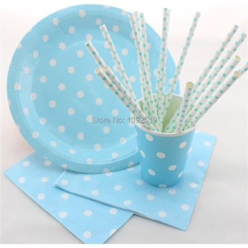 Free Shipping 100sets/416pcs Baby Blue Children Birthday Party Fovor Polka Dot Party Tableware Straws Plates Cups Napkins