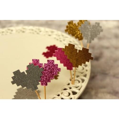Glitter Pixel Heart Cupcake Toppers birthday Wedding Bridal baby Shower toothpicks Engagement Party Bachelorette food picks
