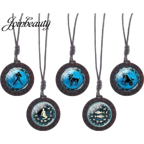 JOINBEAUTY 12 Zodiac Signs Glass Wood Pendant Necklace Woman Men Birthday Christmas Gift Wholesale Fashion Jewelry d1146