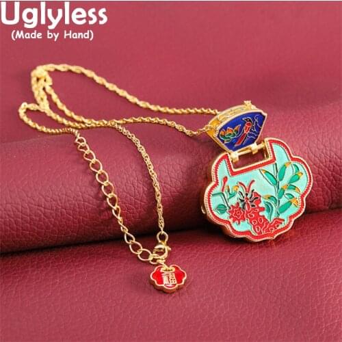 Uglyless China Chic Enamel Floral Necklaces for Women Natural Jadeite Peace Buttons Pendants + Chains Ethnic 925 Silver Jewelry