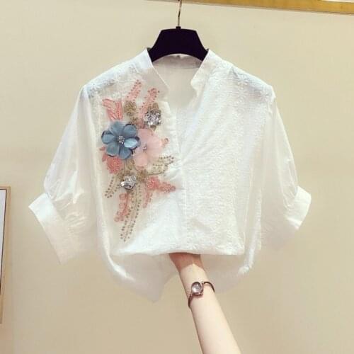 Chinese Style Clothing Women Summer Blouses Women Floral Embroidered Cotton Blouse Shirt Ladies Chinese Tops 2021 New 12549